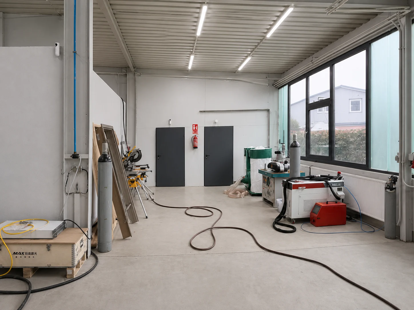 Gerade ausgerichtete Werkstatt mit installierter LED-Beleuchtung