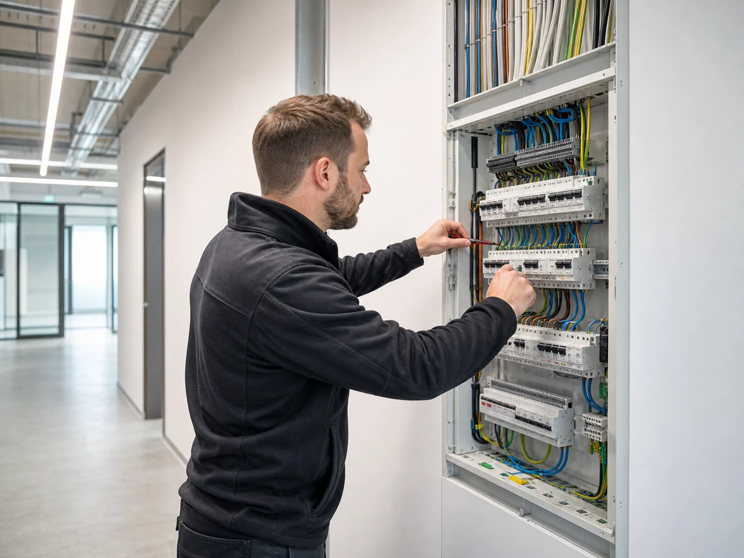 Elektroniker installiert eine moderne Gebäudeverteilung