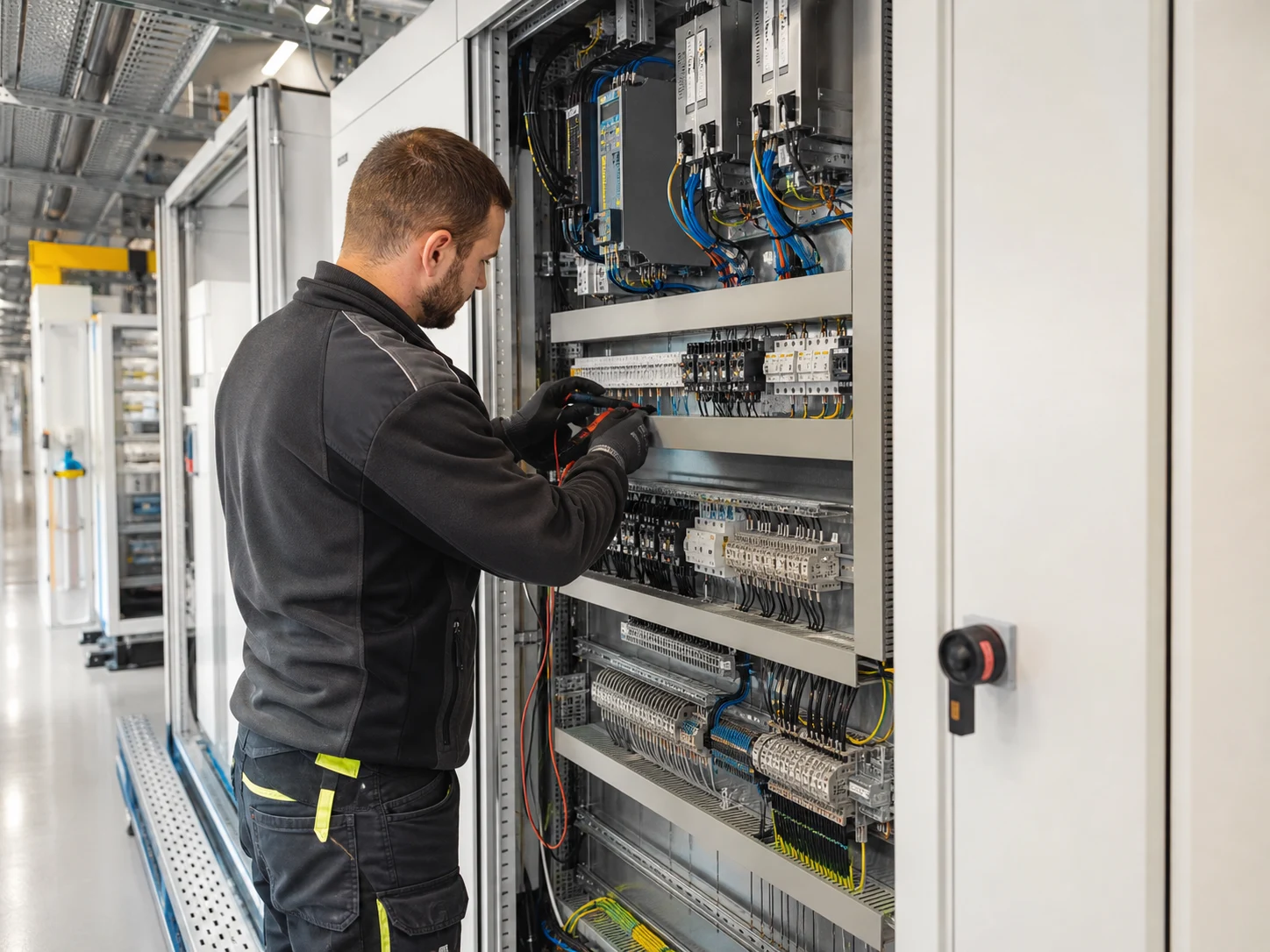 Elektroniker bei der Arbeit an einem industriellen Schaltschrank
