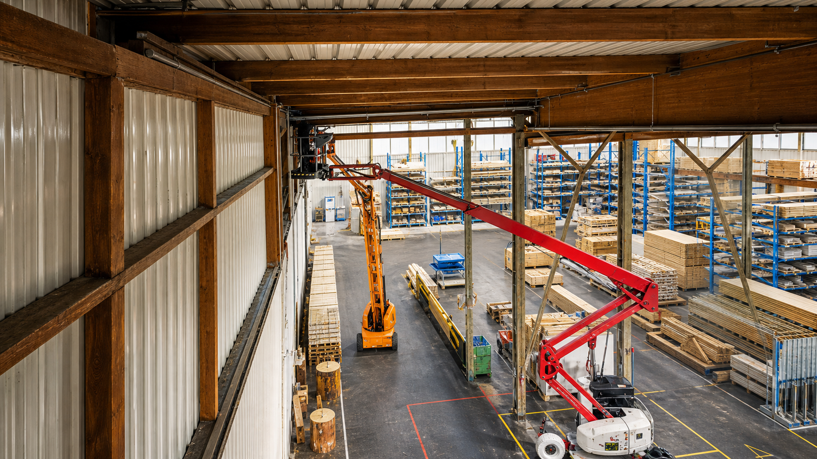 Arbeitsbühnen und Technik in einer großen Industriehalle